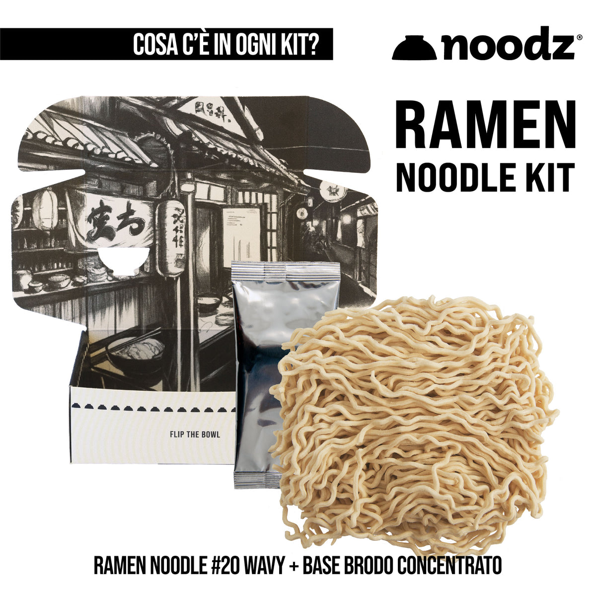 Cosa c'è nel ramen kit Noodz: noodle ondulati #20 essiccati e bustina di brodo concentrato liquido