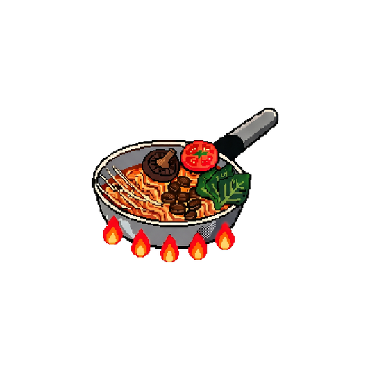 Yakisoba in padella sul fuoco, illustrazione in pixel art Noodz