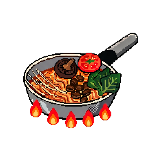 Yakisoba in padella sul fuoco, illustrazione in pixel art Noodz