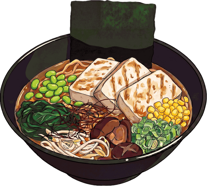 Ciotola di ramen Shoyusen con tofu, edamame, mais, funghi e nori, illustrazione