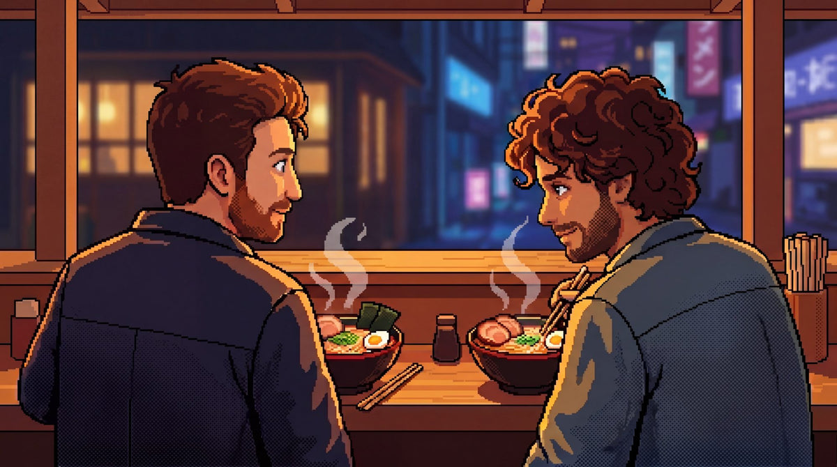 Francesco e Andrea al bancone di uno yatai di ramen la sera, illustrazione in pixel art