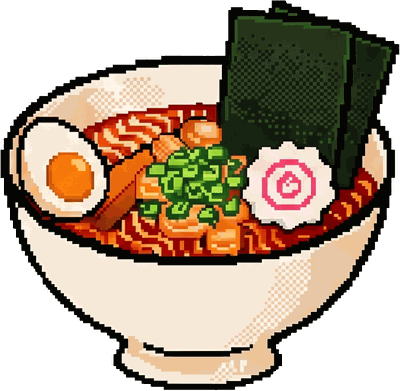 Ciotola di ramen in brodo con uovo, nori e narutomaki, disegno pixel