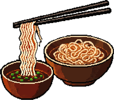 Noodle da intingere nel brodo con le bacchette, disegno pixel