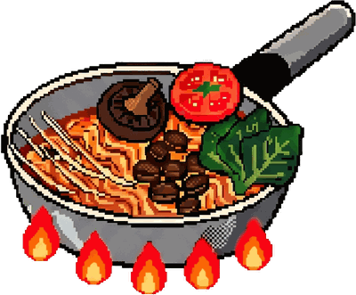 Noodle saltati in padella con verdure, disegno pixel