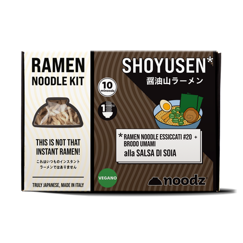 Confezione Noodz Shoyusen Ramen Kit: ramen noodle essiccati #20 e brodo concentrato alla salsa di soia, vegan, 1 porzione